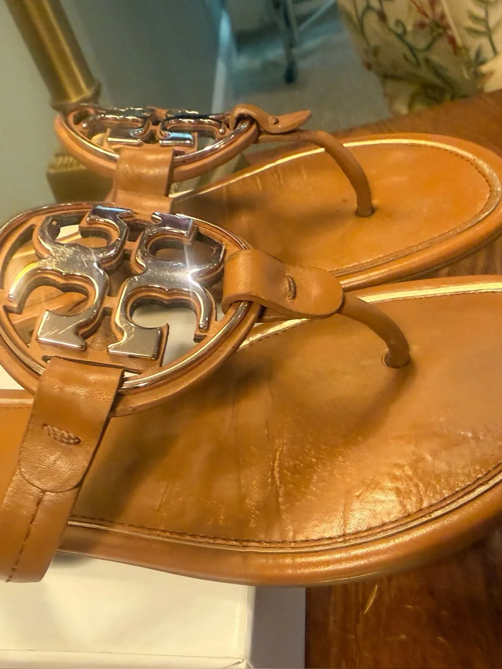 Tory Burch Gold Metal Miller Brown Leather Logo Toe-Post Sandals Size 8 $250